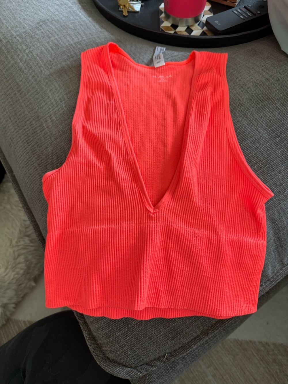 Out from Under Neon Coral Ribbed V-Neck Crop Top